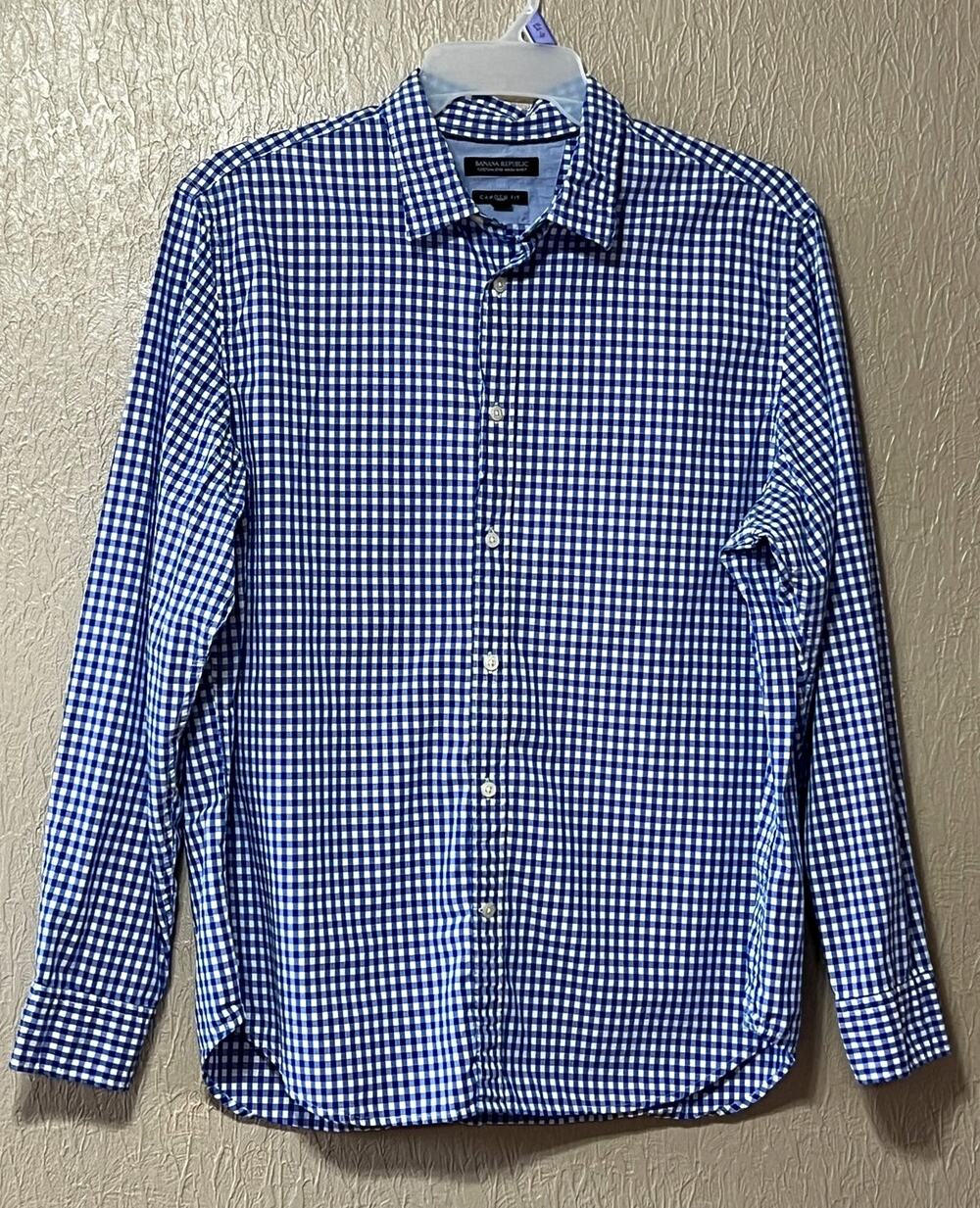 Banana Republic Camden Fit Button Up Gingham Shirt Royal Blue Academia Size XL